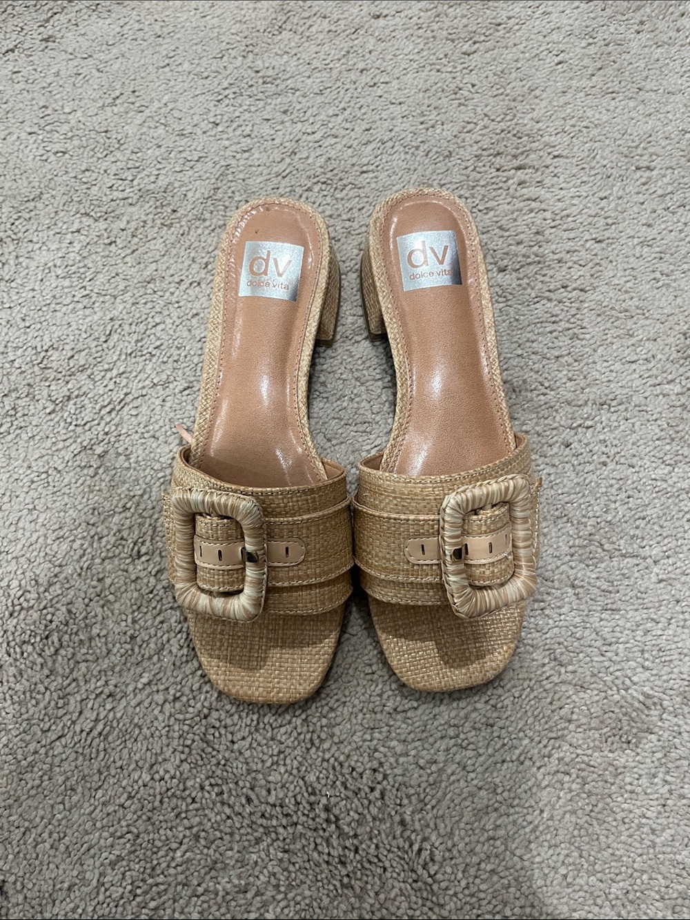 DV by Dolce Vita Natural Raffia Buckle Block Heel Mules